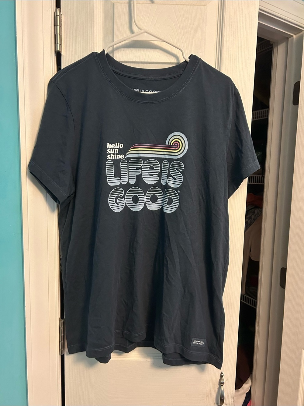 Life Is Good Navy Tee with Retro Rainbow Stripe Graphic
